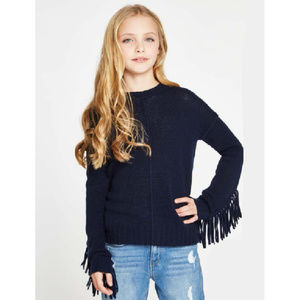 Autumn Cashmere Kids Girls Navy Fringe Sweater 10 12 Merino Wool NWT NEW Gift
